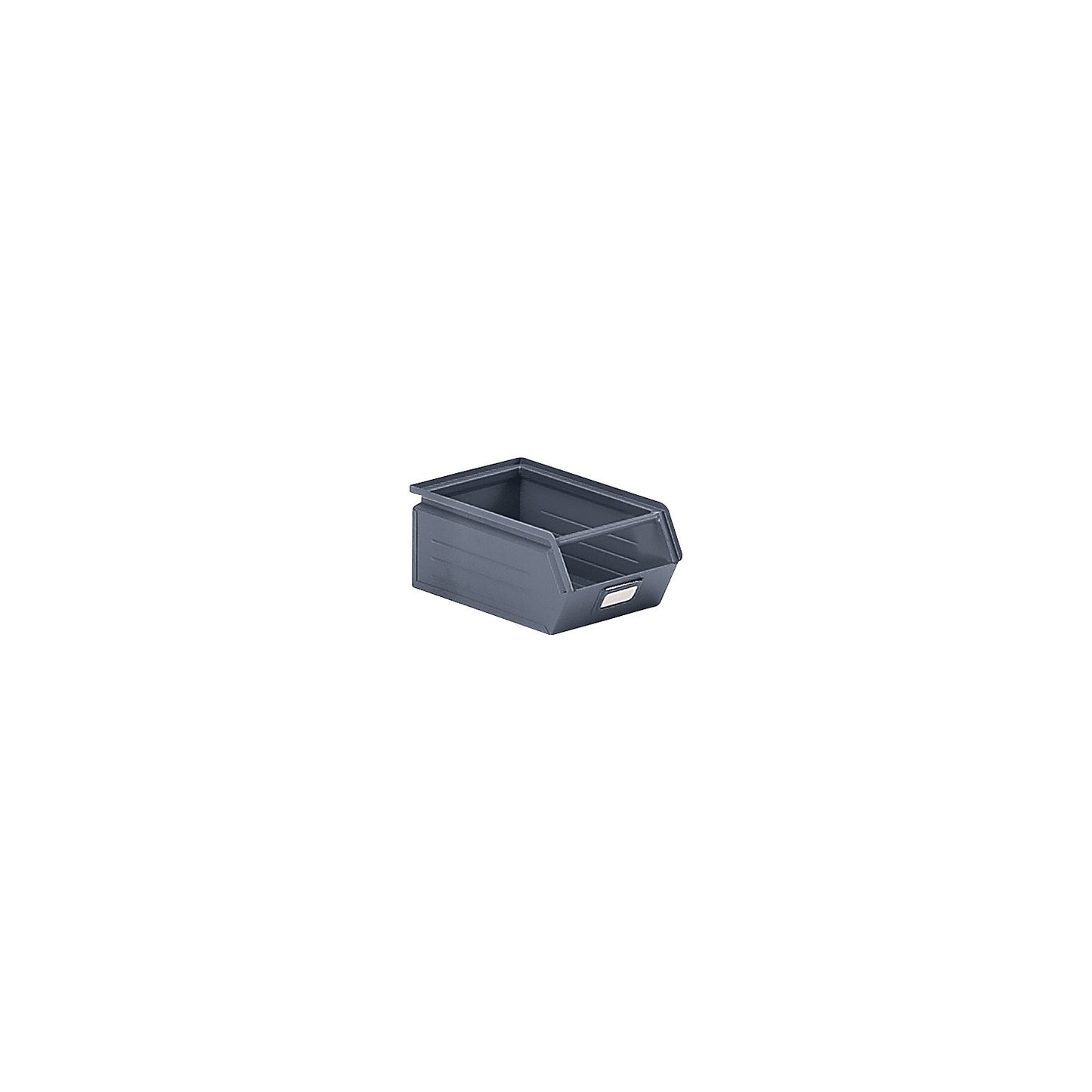 Open fronted storage bin made of sheet steel, LxWxH 350 x 210 x 145 mm, with support rod, basalt grey.