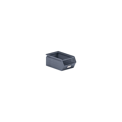 Open fronted storage bin made of sheet steel, LxWxH 350 x 210 x 145 mm, with support rod, basalt grey.
