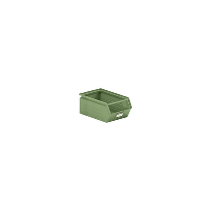 Open fronted storage bin made of sheet steel, LxWxH 350 x 210 x 145 mm, with support rod, reseda green.