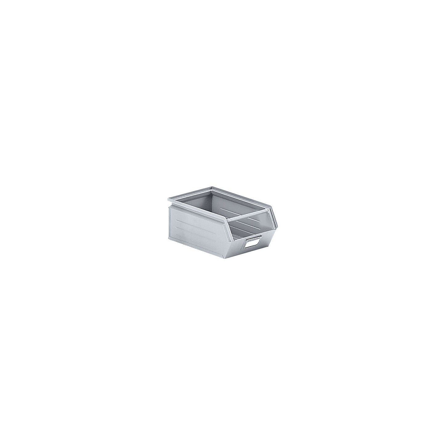 Open fronted storage bin made of sheet steel, LxWxH 350 x 210 x 145 mm, with support rod, zinc plated.