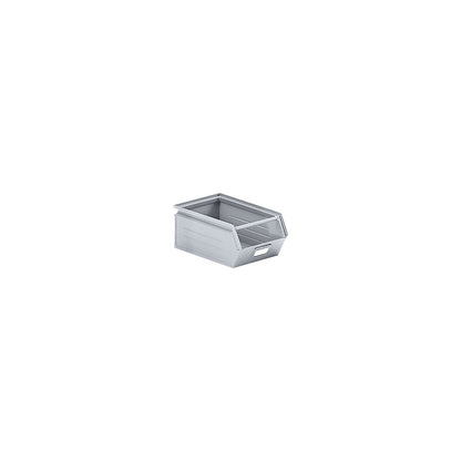 Open fronted storage bin made of sheet steel, LxWxH 350 x 210 x 145 mm, with support rod, zinc plated.