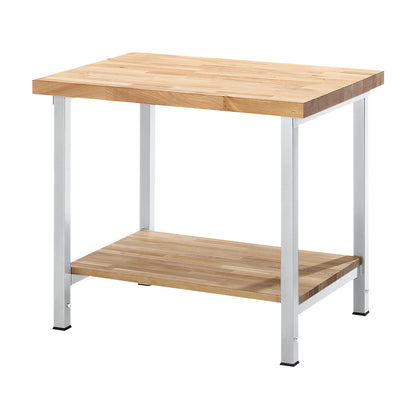 Height-adjustable workbench, frame construction, 1 shelf, width 750 mm, frame in light grey.