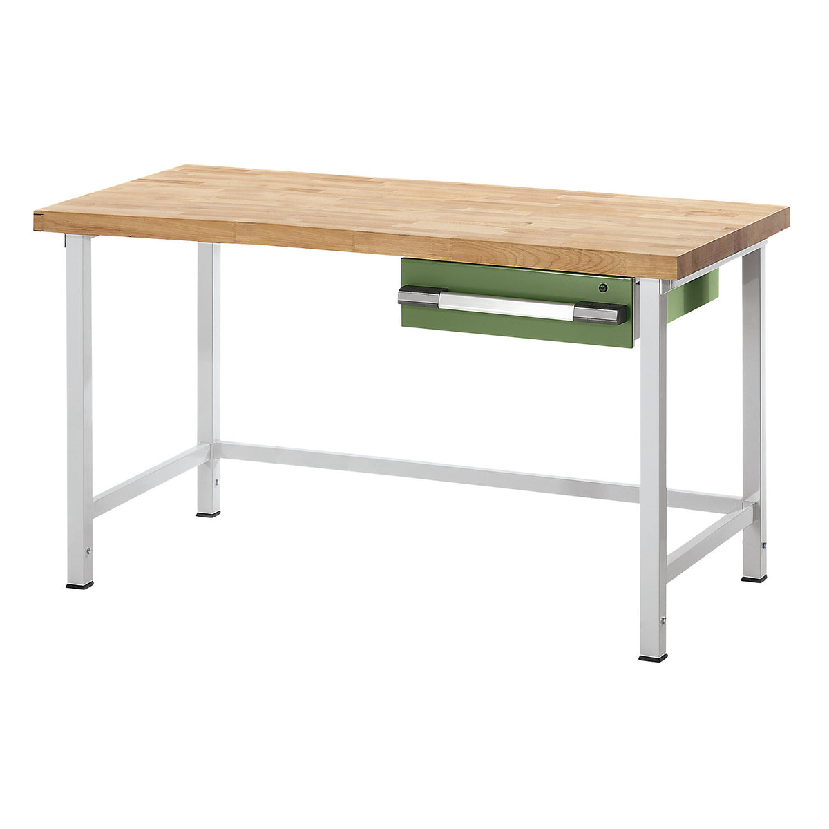 Height-adjustable workbench, frame construction, 1 drawer, width 2000 mm, light grey / green.