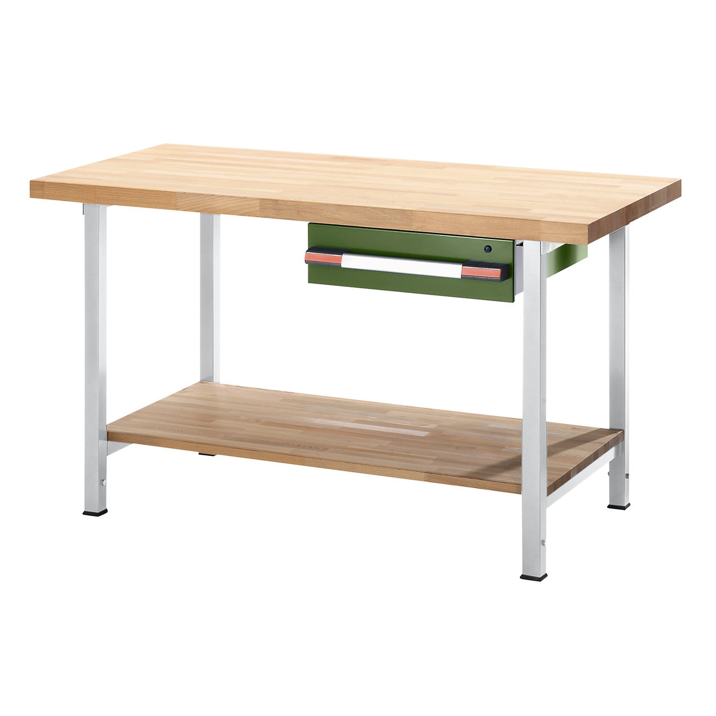 Height-adjustable workbench, frame construction, 1 drawer, 1 shelf, width 750 mm, light grey / reseda green.