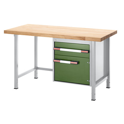 Height-adjustable workbench, frame construction, 1 drawer, 1 hinged door, width 1000 mm, light grey / green.