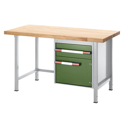Height-adjustable workbench, frame construction, 1 drawer, 1 hinged door, width 1500 mm, light grey / green.