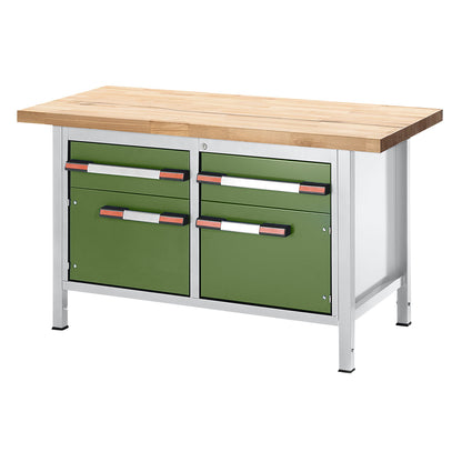 Height-adjustable workbench, frame construction, 2 drawers, 2 doors, width 1500 mm, light grey / green.