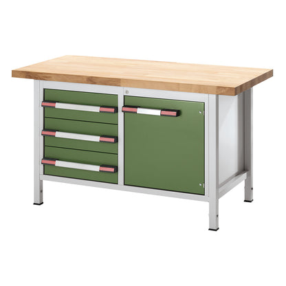 Height-adjustable workbench, frame construction, 3 drawers, 1 hinged door, width 1500 mm, light grey / green.