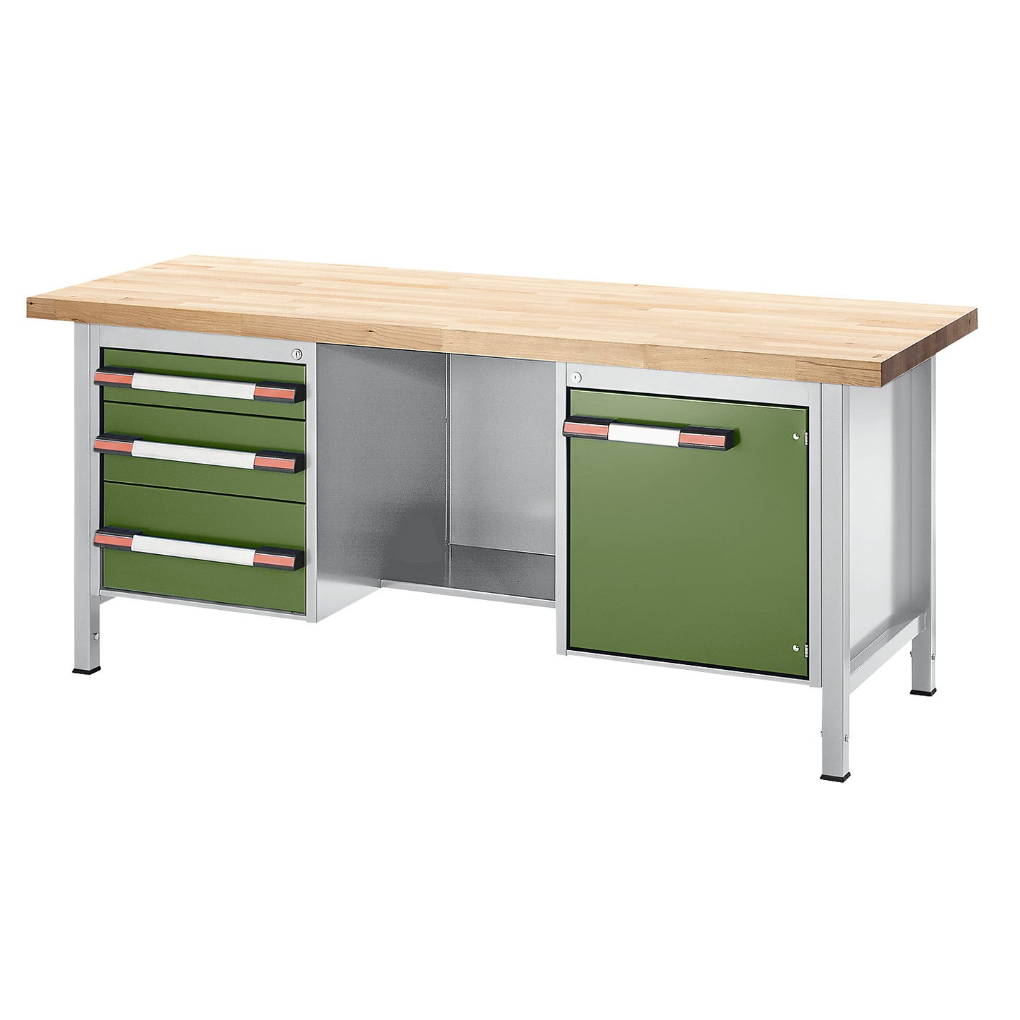 Height-adjustable workbench, frame construction, 3 drawers, 1 door, 1 shelf, width 2000 mm, light grey / green.