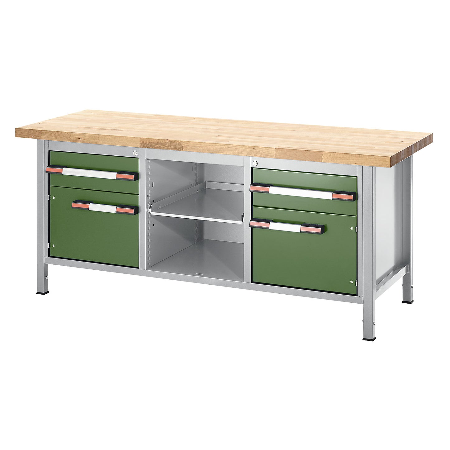 Height-adjustable workbench, frame construction, 2 drawers, 2 doors, 1 pull-out shelf, width 2000 mm, light grey / green.