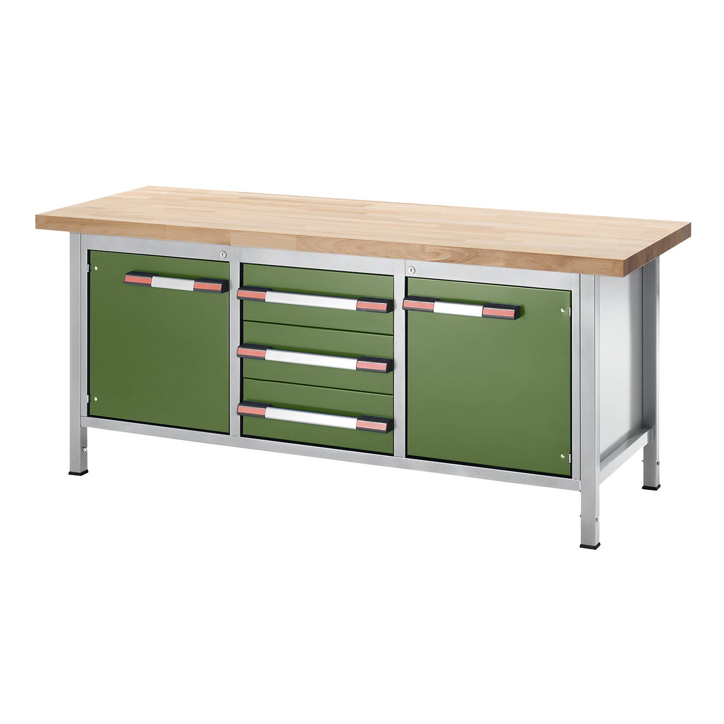Height-adjustable workbench, frame construction, 3 drawers, 2 hinged doors, width 2000 mm, light grey / green.