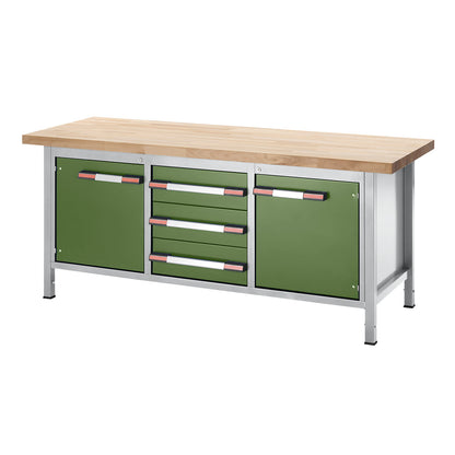 Height-adjustable workbench, frame construction, 3 drawers, 2 hinged doors, width 2000 mm, light grey / green.