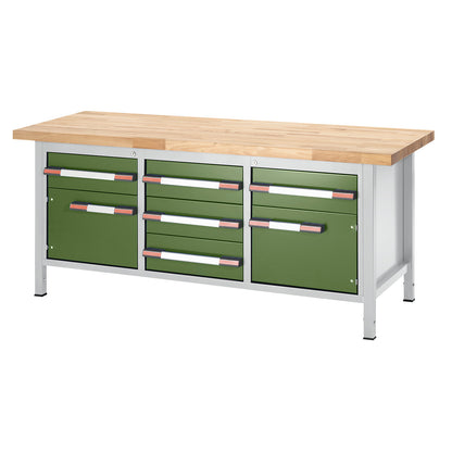 Height-adjustable workbench, frame construction, 5 drawers, 2 hinged doors, width 2000 mm, light grey / green.
