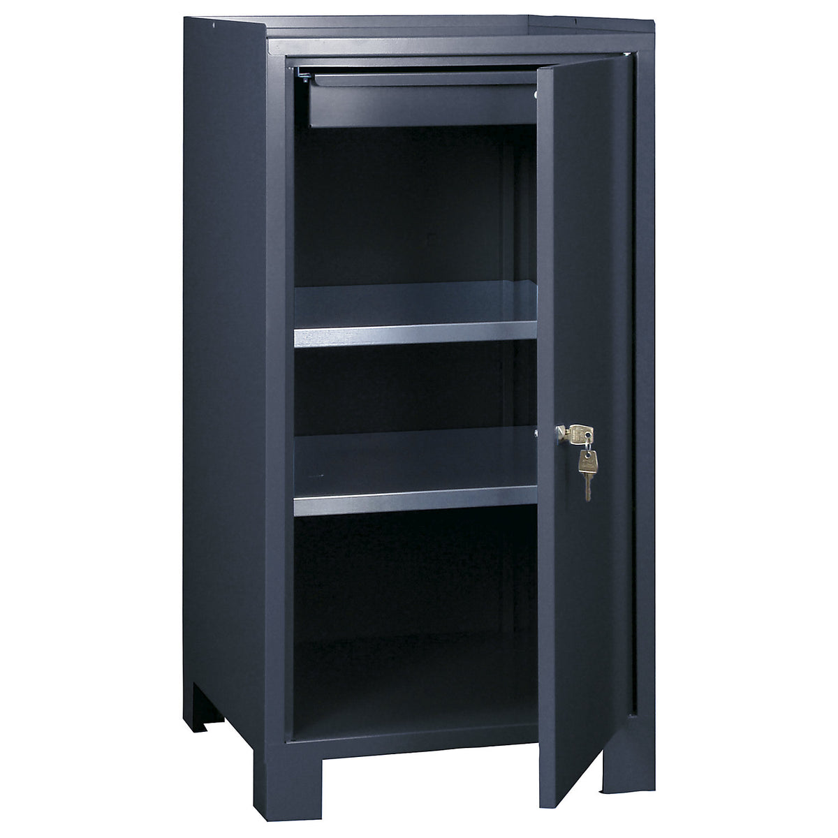 Tool cupboard with feet, HxWxD 1000 x 500 x 500 mm, 1 drawer, 2 shelves, charcoal RAL 7016.