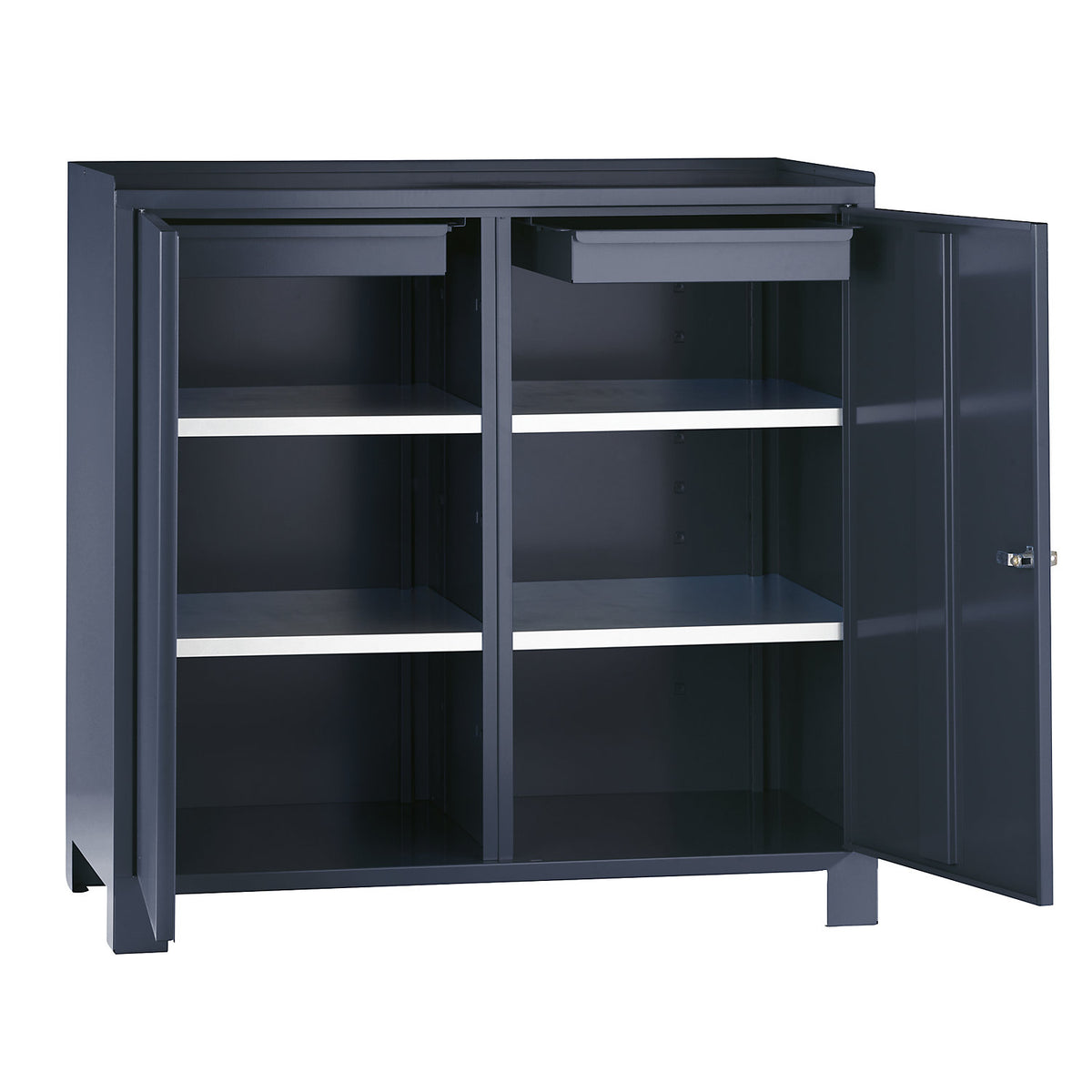 Tool cupboard with feet, HxWxD 1000 x 1000 x 500 mm, partition, 1 drawer and 2 shelves on each side, charcoal RAL 7016.