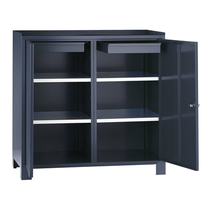 Tool cupboard with feet, HxWxD 1000 x 1000 x 500 mm, partition, 1 drawer and 2 shelves on each side, charcoal RAL 7016.