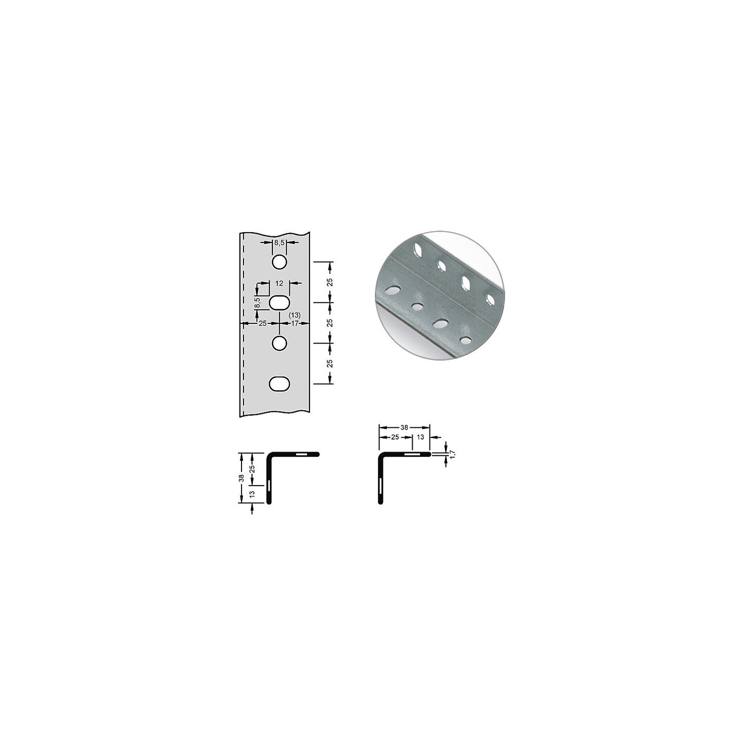 Angled steel profile for modular system, 38 x 38 x 1.7 mm, length 2 m, zinc-plated, pack of 10.