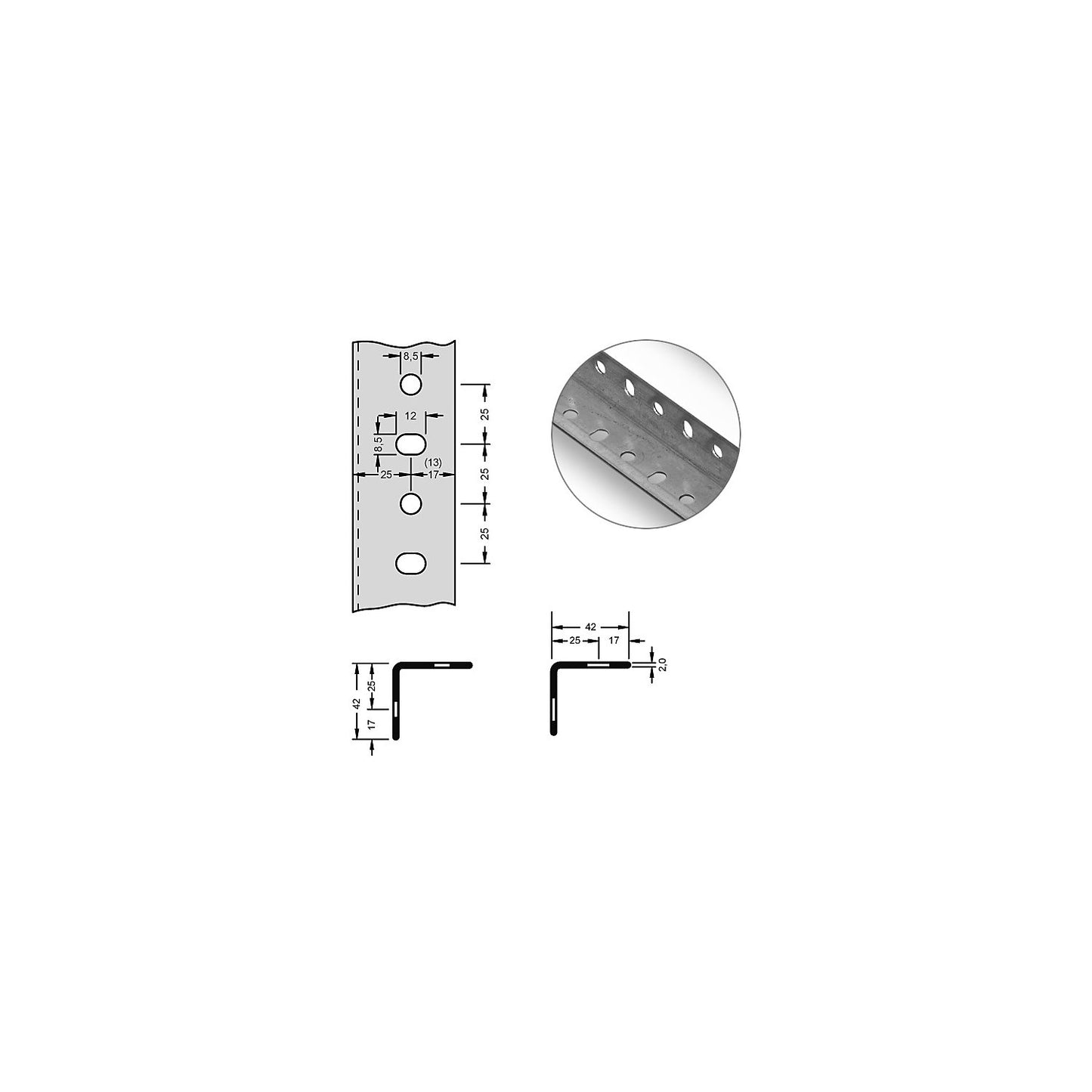 Angled steel profile for modular system, 42 x 42 x 2 mm, length 2.5 m, zinc plated, pack of 8.