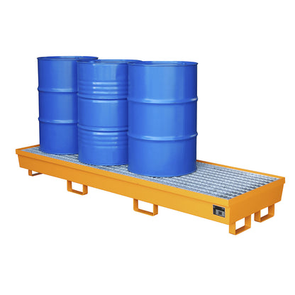 Steel sump tray with edge profiles, for 4 x 200 l drums, LxW 2400 x 800 mm, orange RAL 2000.