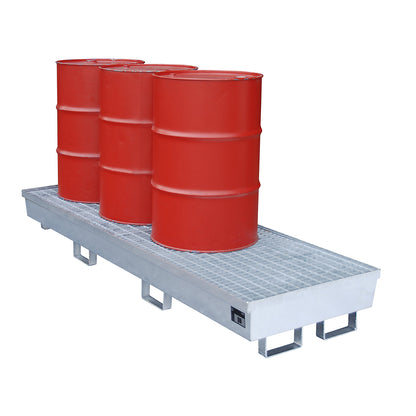 Steel sump tray with edge profiles, for 4 x 200 l drums, LxW 2400 x 800 mm, hot dip galvanised.