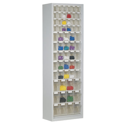 Sheet steel storage cupboard, with 61 transparent pull-out bins, light grey.