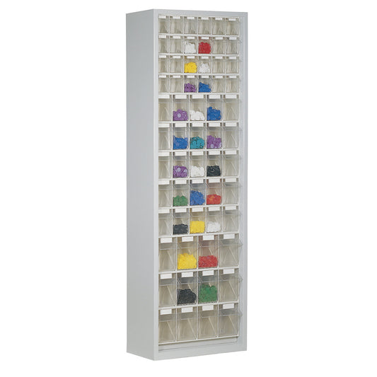 Sheet steel storage cupboard, with 61 transparent pull-out bins, light grey.