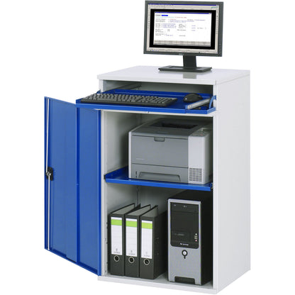 Computer workstation, cupboard housing with 1 pull-out shelf, width 650 mm, light grey / gentian blue.