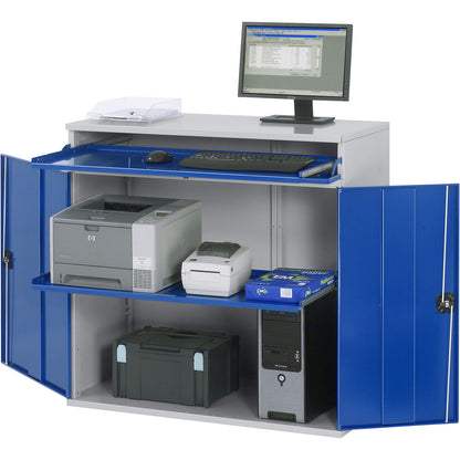 Computer workstation, cupboard housing with 1 pull-out shelf, width 1100 mm, light grey / gentian blue.