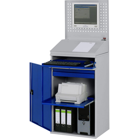 Computer workstation, perforated panel, desktop, pull-out shelf, drawer, width 650 mm, light grey / gentian blue.