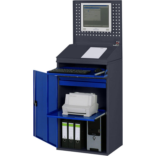 Computer workstation, perforated panel, desktop, pull-out shelf, drawer, width 650 mm, charcoal / gentian blue.