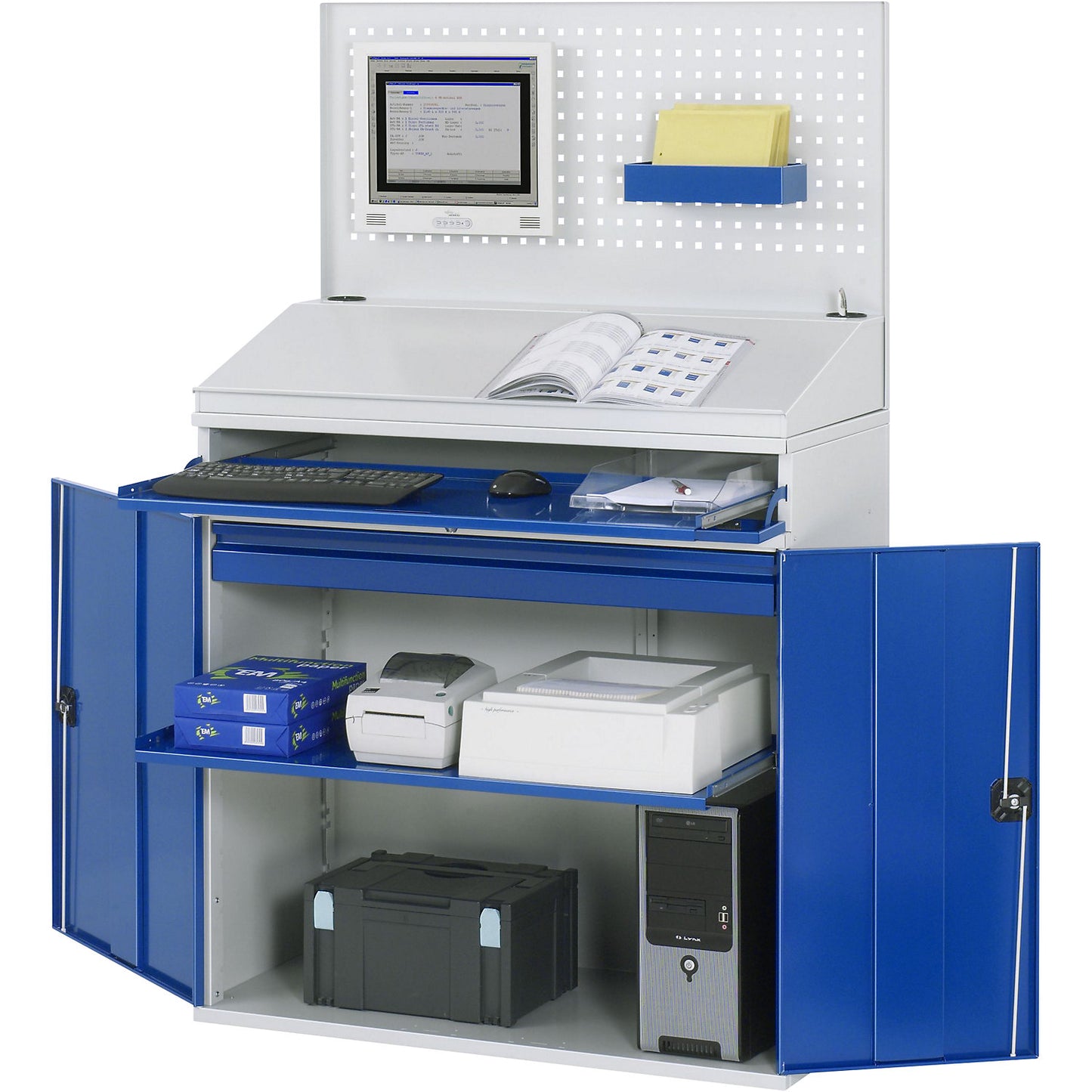 Computer workstation, perforated panel, desktop, pull-out shelf, drawer, width 1100 mm, light grey / gentian blue.