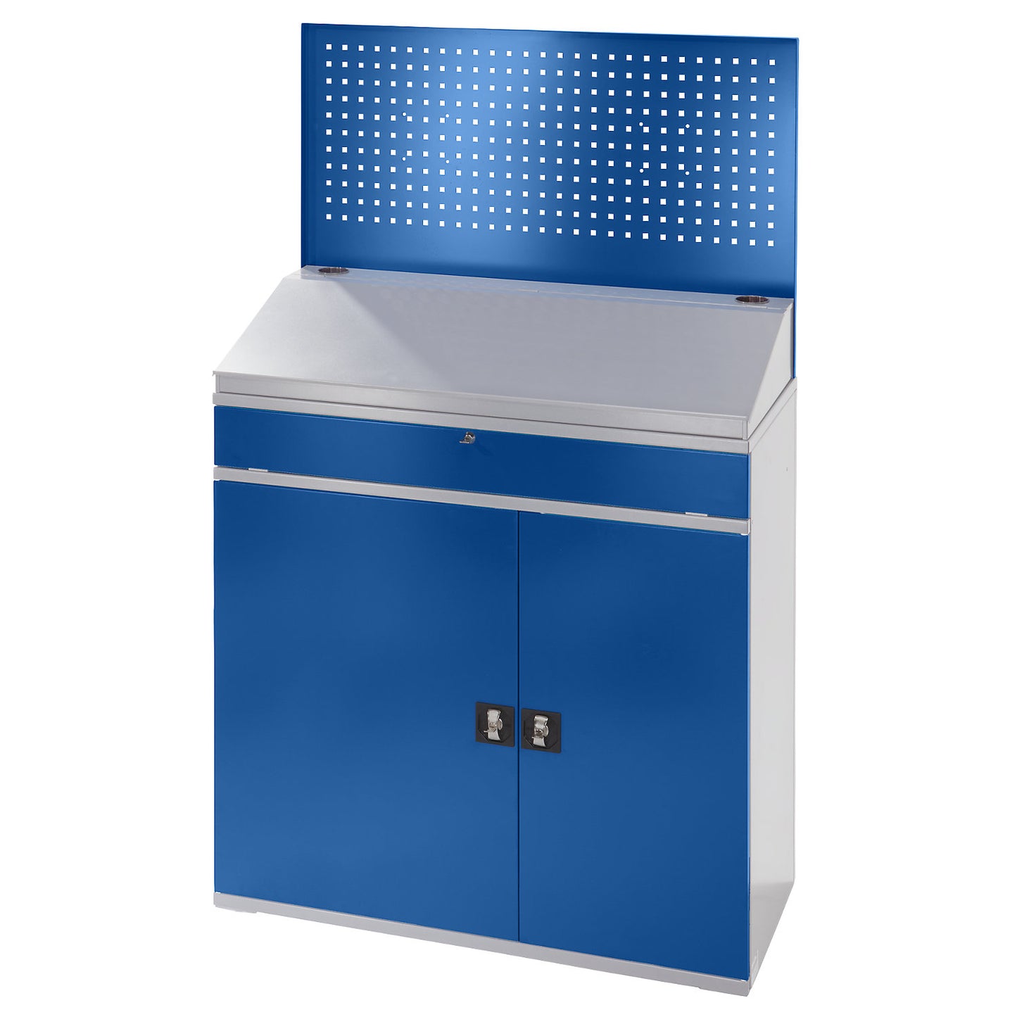 Computer workstation, perforated panel, desktop, pull-out shelf, drawer, width 1100 mm, charcoal / gentian blue.