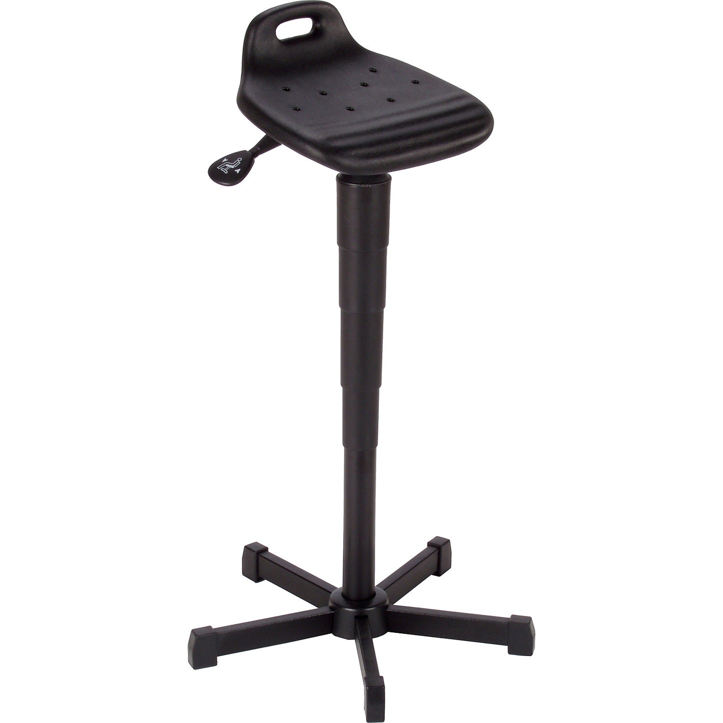 Anti-fatigue stool, with integrated handle, black frame.