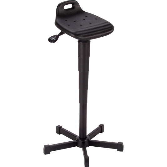Anti-fatigue stool, with integrated handle, black frame.