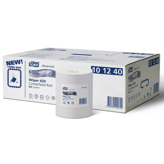 Strong multi-purpose centrefeed paper wipes, 2-ply, white, pack of 6 rolls, advanced quality, perforated.