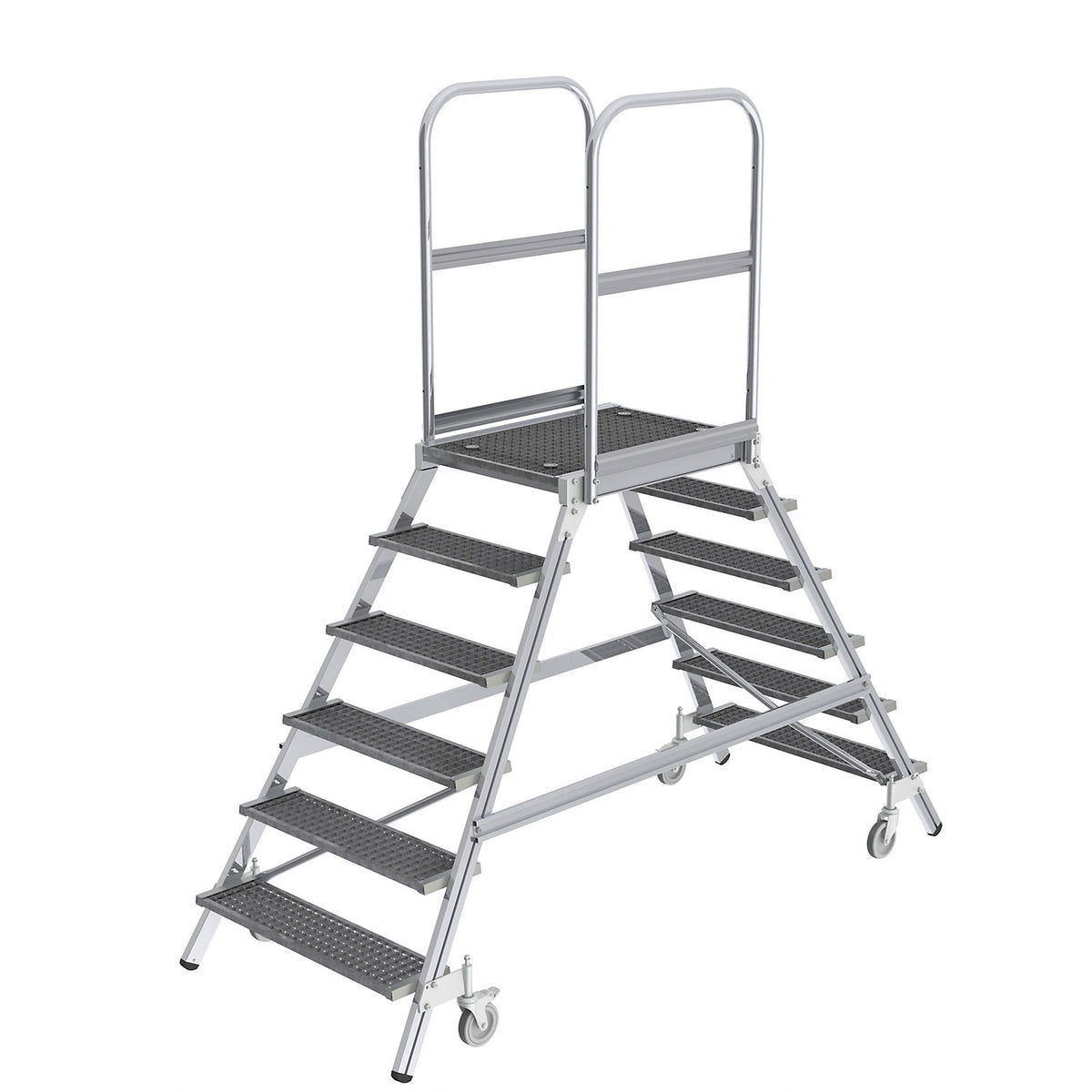 Platform steps with double sided access, platform and steps made of expanded steel mesh, 2x6 steps inclusive platform.