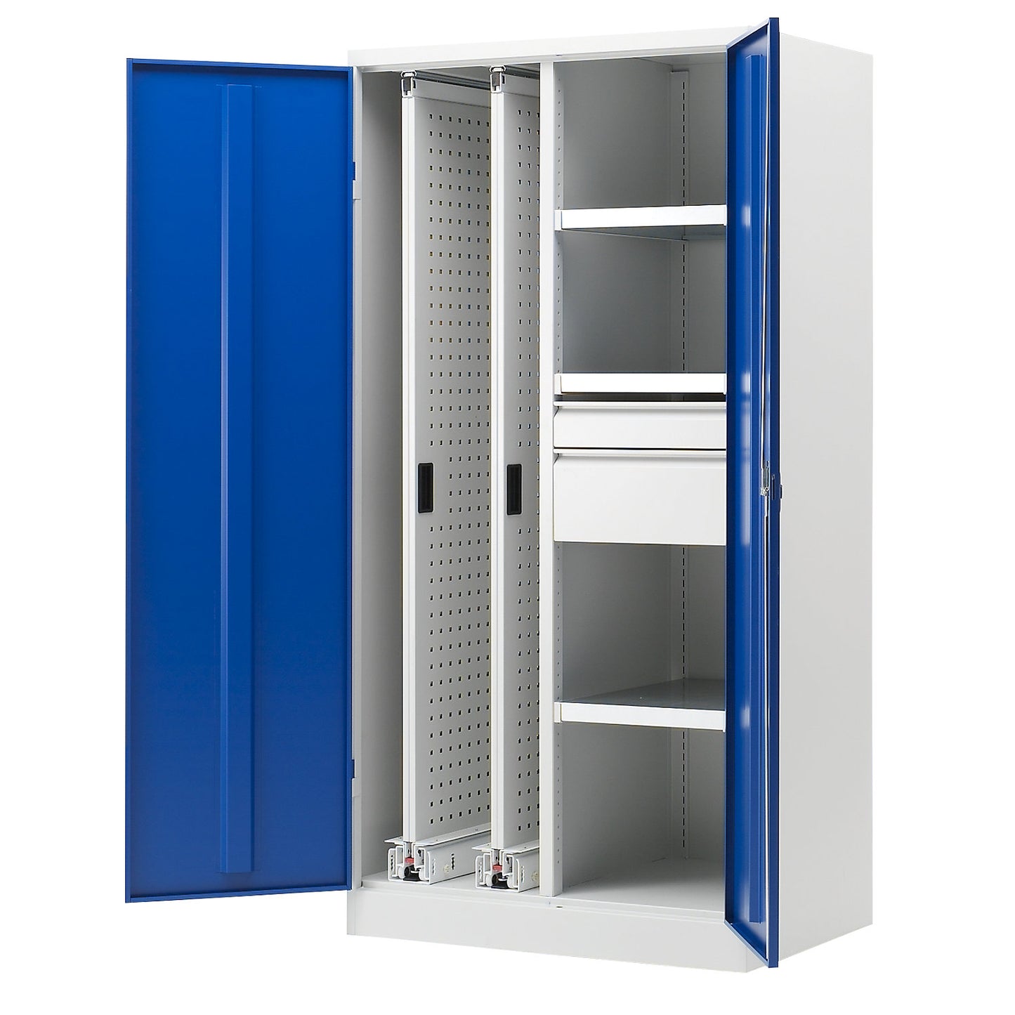 Vertical pull-out cupboard, with 2 pullouts, 2 drawers and 3 shelves, light grey / gentian blue.