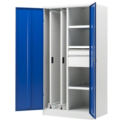 Vertical pull-out cupboard, with 2 pullouts, 2 drawers and 3 shelves, light grey / gentian blue.