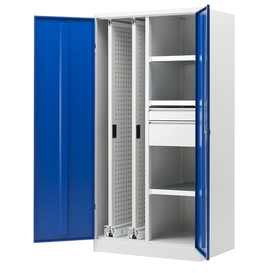Vertical pull-out cupboard, with 2 pullouts, 2 drawers and 3 shelves, light grey / gentian blue.