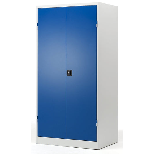 Vertical pull-out cupboard, with 2 drawers and 3 shelves, light grey / gentian blue.