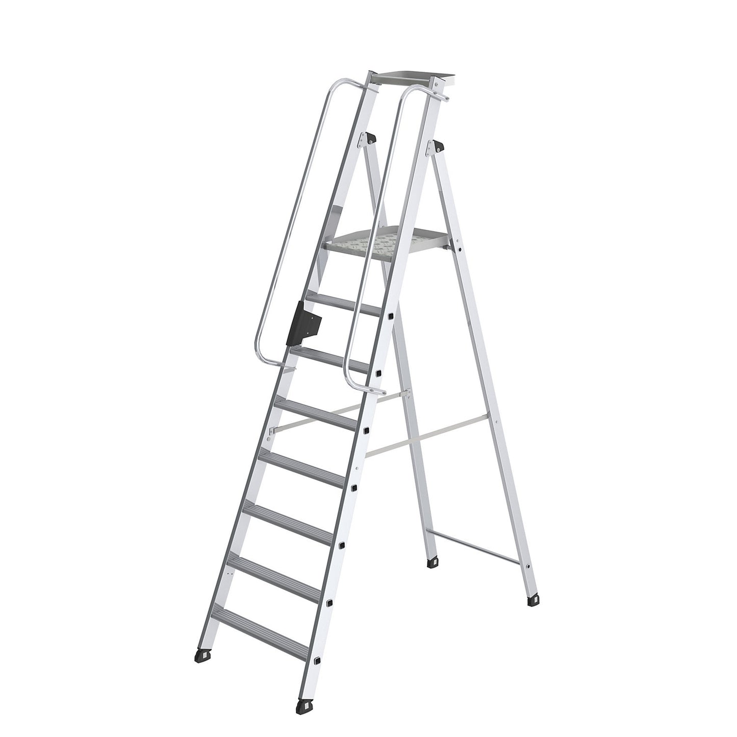 Aluminium step ladder with large platform, hand rail on both sides, 8 steps inclusive platforms.