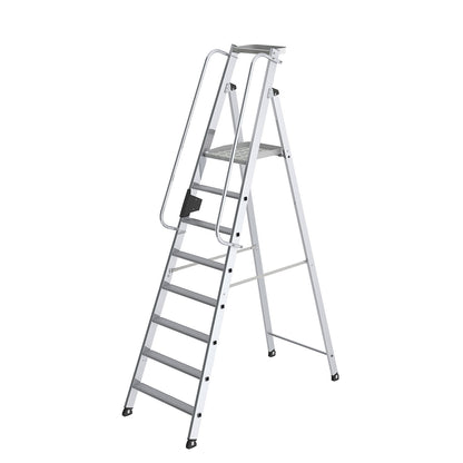 Aluminium step ladder with large platform, hand rail on both sides, 8 steps inclusive platforms.