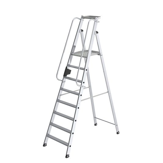 Aluminium step ladder with large platform, hand rail on both sides, 8 steps inclusive platforms.