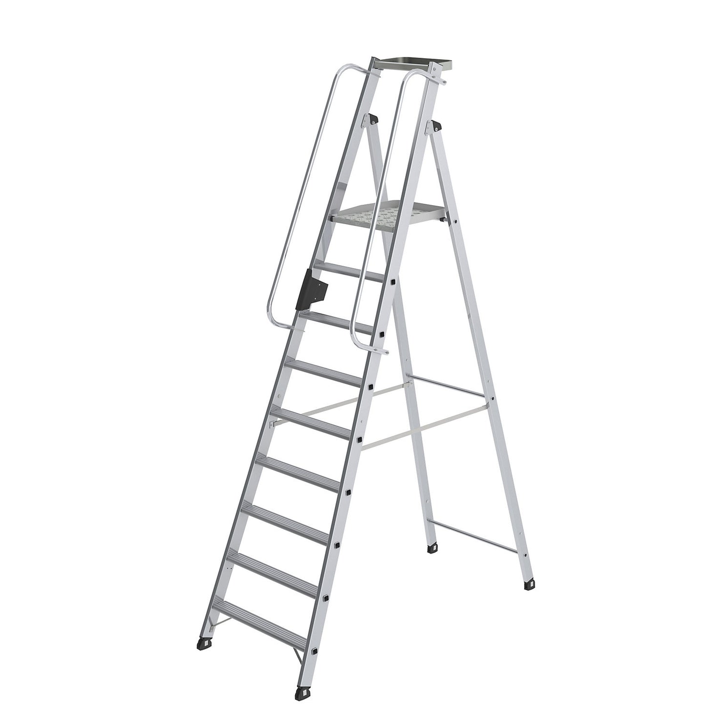 Aluminium step ladder with large platform, hand rail on both sides, 9 steps inclusive platforms.