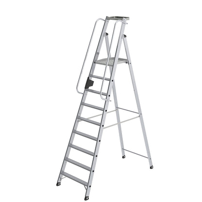 Aluminium step ladder with large platform, hand rail on both sides, 9 steps inclusive platforms.