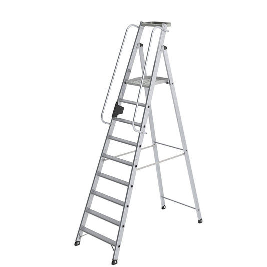 Aluminium step ladder with large platform, hand rail on both sides, 9 steps inclusive platforms.