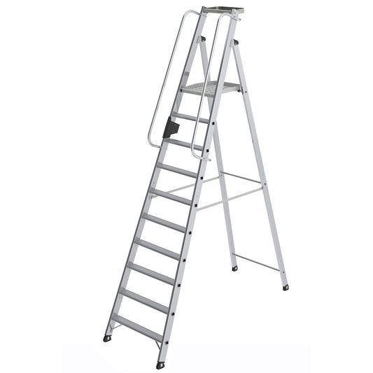 Aluminium step ladder with large platform, hand rail on both sides, 10 steps incl. platform.