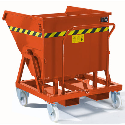Mobile tilting skip with tilting mechanism, max. load 1000 kg, capacity 0.675 m³, without sieve insert.