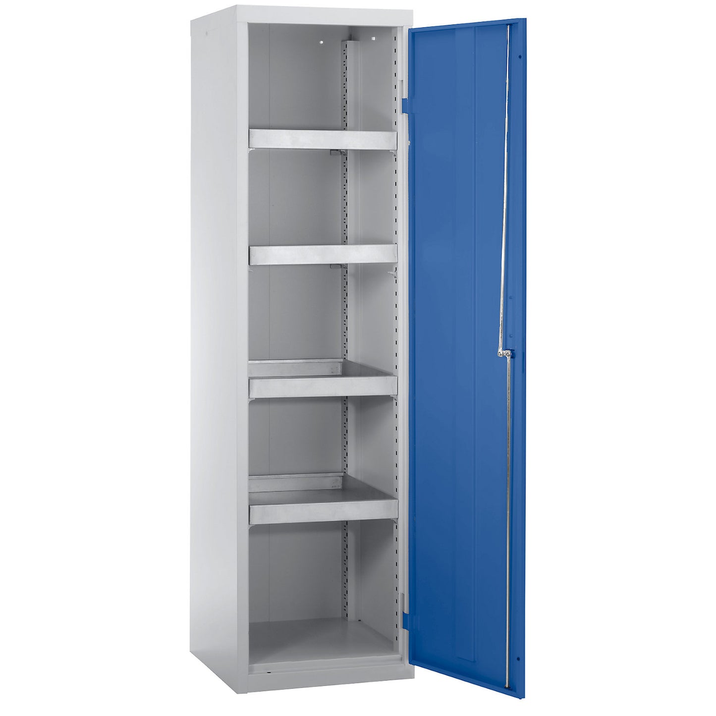 Environmental cupboard without door perforations, HxWxD 1800 x 500 x 500 mm, 4 tray shelves, light grey / gentian blue.