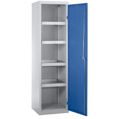 Environmental cupboard without door perforations, HxWxD 1800 x 500 x 500 mm, 4 tray shelves, light grey / gentian blue.